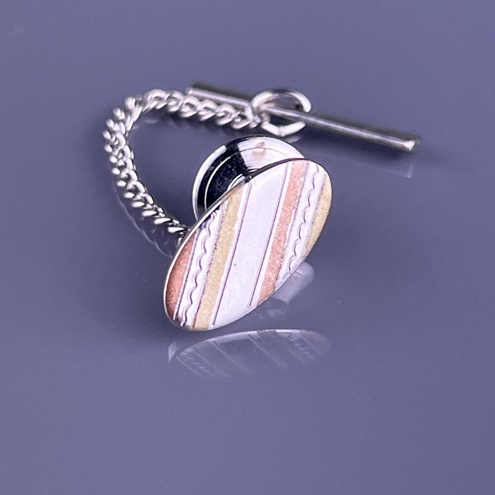 Oval Diagonal Stripes Tie Tack Pin Silver & Gold Tone Vintage